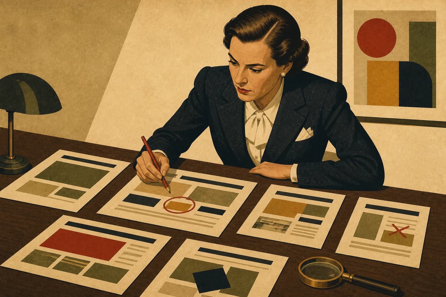 Retro ilustracja w stylu lat 30. przedstawiająca specjalistkę marketingu przy biurku analizującą rozłożone makiety strony internetowej z poprawkami zaznaczonymi na czerwono