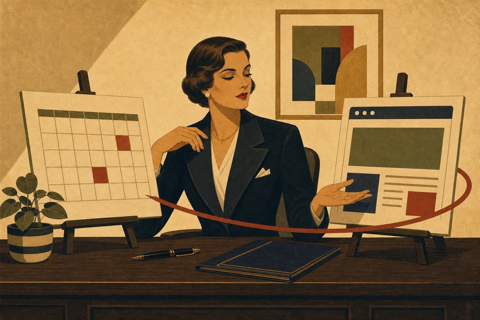 Retro ilustracja w stylu lat 30. przedstawiająca właścicielkę gabinetu przy biurku patrzącą jednocześnie na kalendarz rezerwacji i makietę strony internetowej
