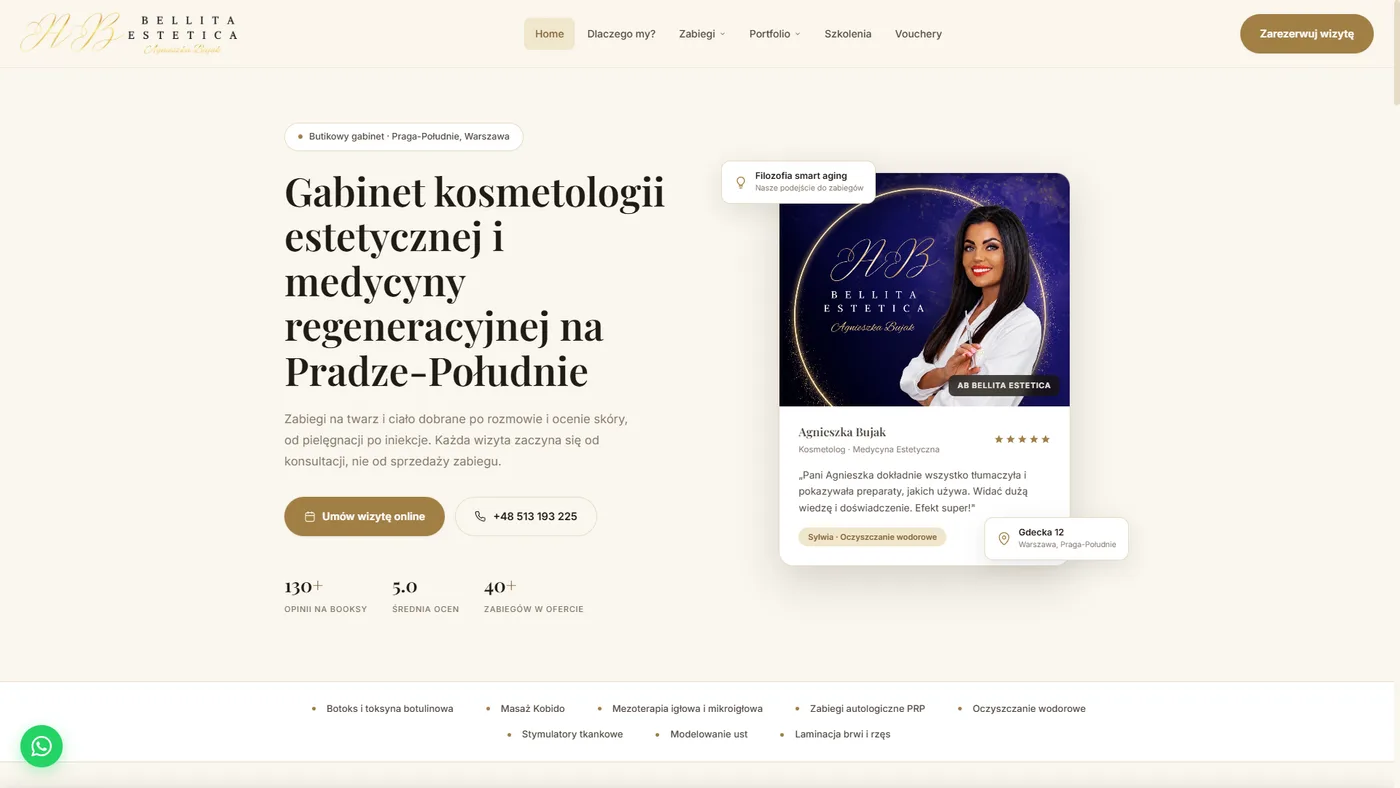Sekcja hero gotowej strony internetowej gabinetu AB Bellita Estetica w Warszawie