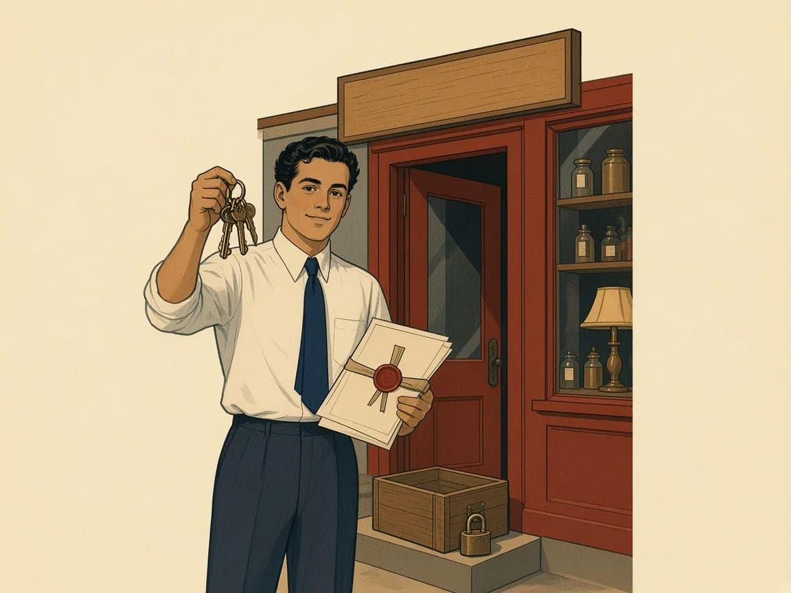 Retro ilustracja w stylu lat 30. przedstawiająca mężczyznę na progu małego sklepu, trzymającego pęk kluczy i dokument z czerwoną pieczęcią, obok pusty szyld nad drzwiami i skrzynia z kłódką