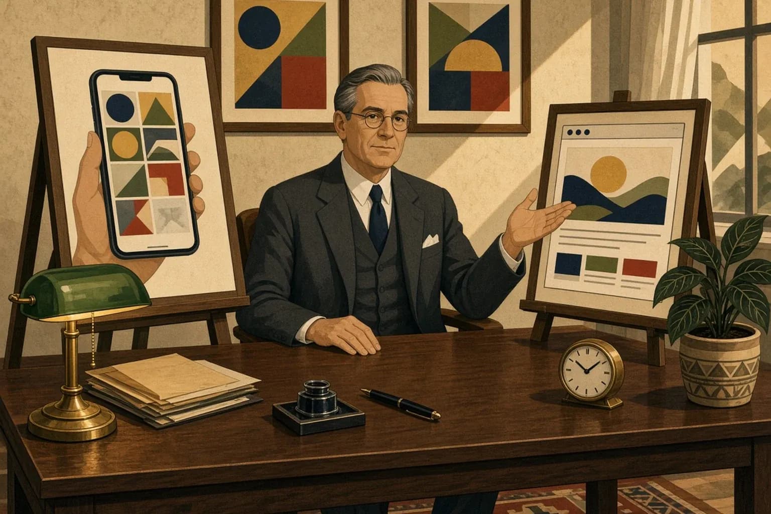 Retro ilustracja w stylu lat 30. przedstawiająca mężczyznę w gabinecie przy biurku, trzymającego w geście porównania telefon z siatką Instagrama po jednej stronie i mockup strony internetowej po drugiej