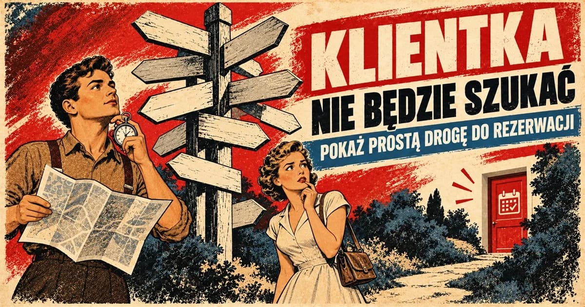 Retro ilustracja w stylu lat 30. przedstawiająca mężczyznę z kieszonkowym zegarkiem i złożoną mapą, który patrzy w górę na drogowskaz z wieloma pustymi strzałkami wskazującymi różne strony, a obok stoją czerwone drzwi