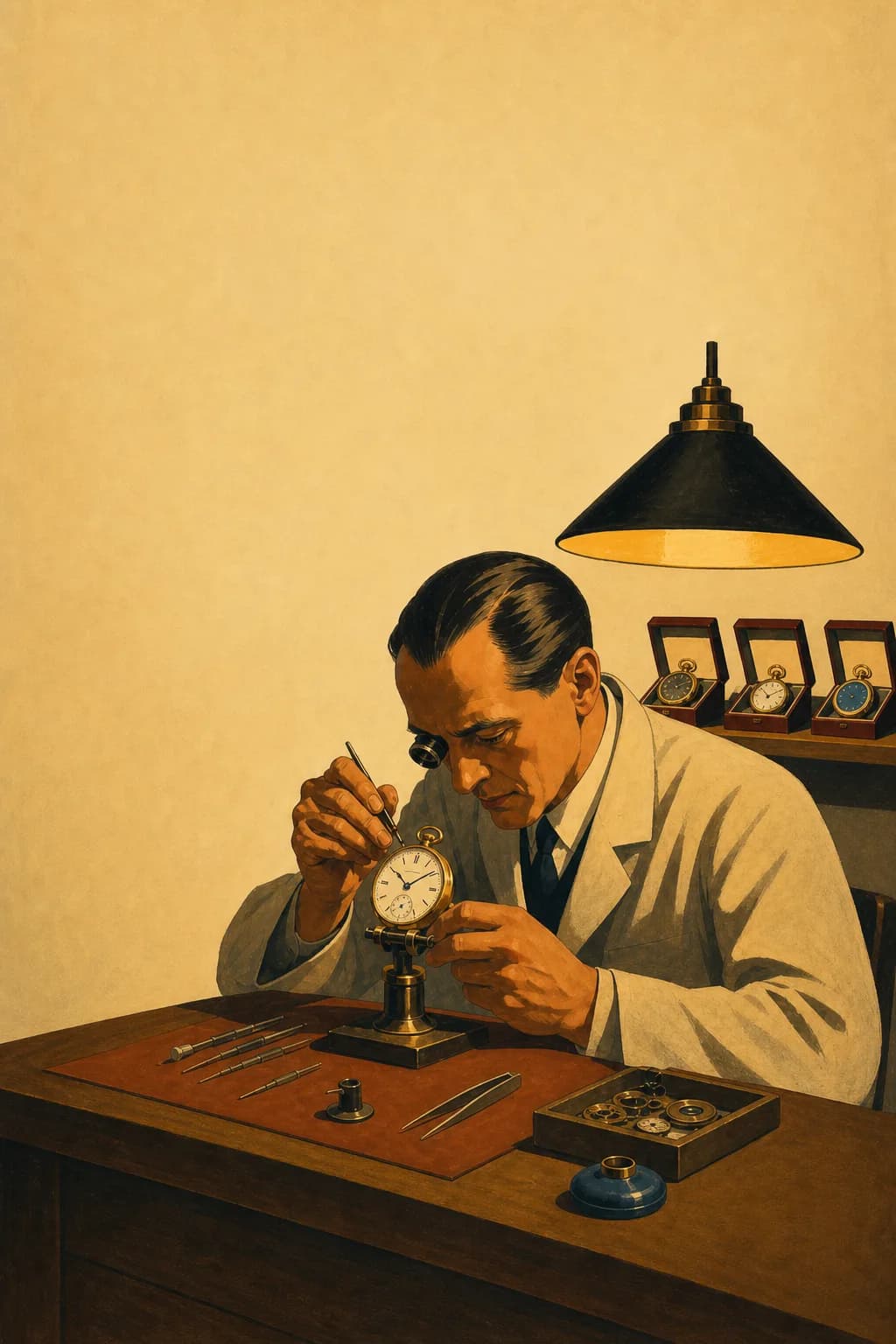 Retro ilustracja w stylu lat 30.: rzemieślnik w warsztacie pracuje z pełnym skupieniem nad jednym zegarkiem
