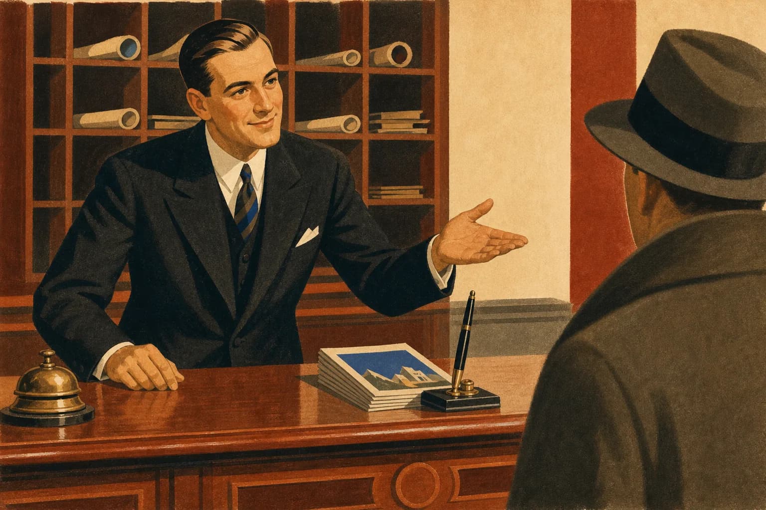 Retro ilustracja w stylu lat 30.: uprzejmy pracownik punktu informacyjnego pomaga osobie odwiedzającej