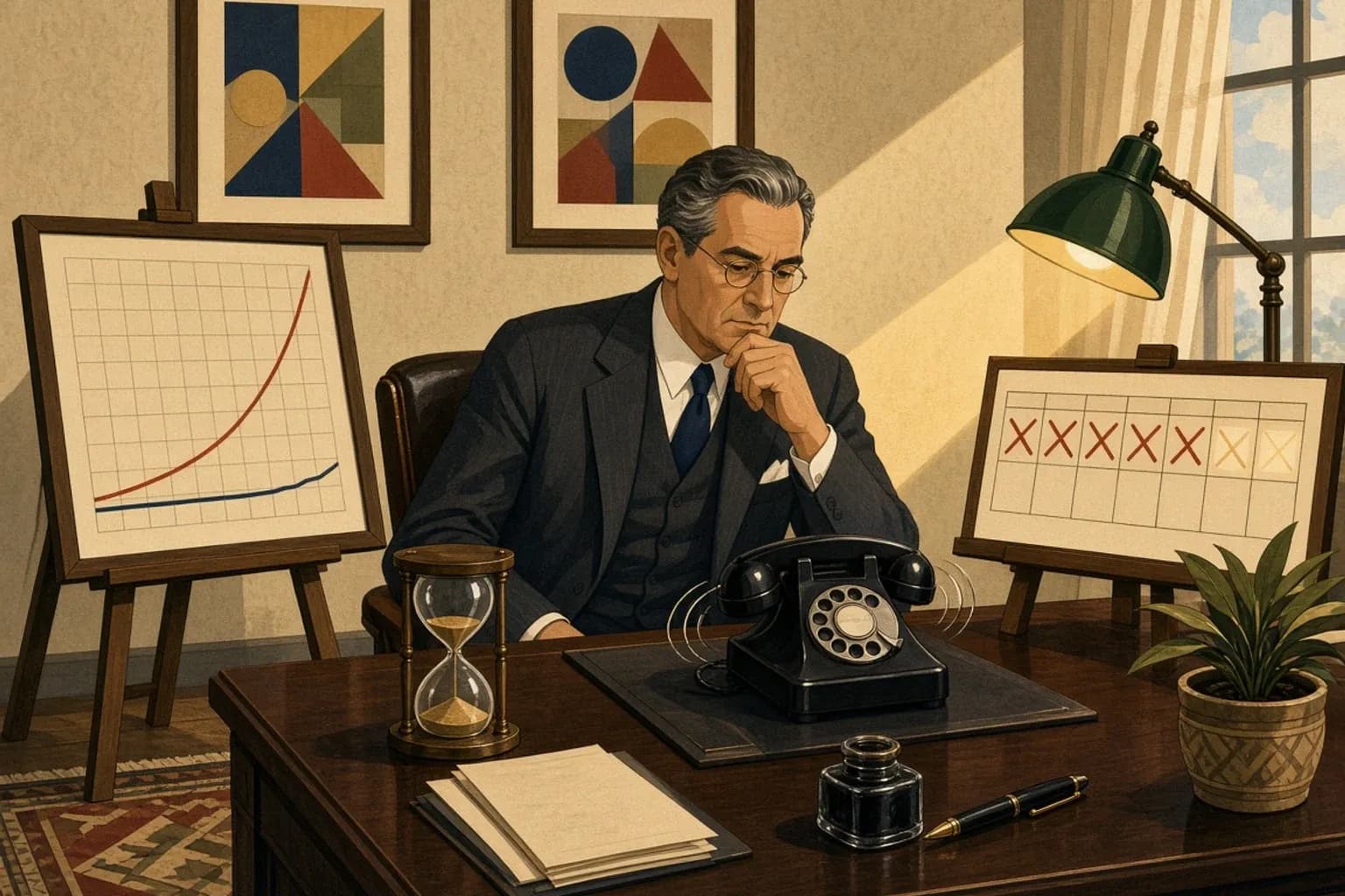 Retro ilustracja w stylu lat 30. przedstawiająca mężczyznę przy biurku patrzącego na wykres z płaską linią na początku i wzrostem pod koniec, obok kalendarz z przekreślonymi dniami i dzwoniący telefon