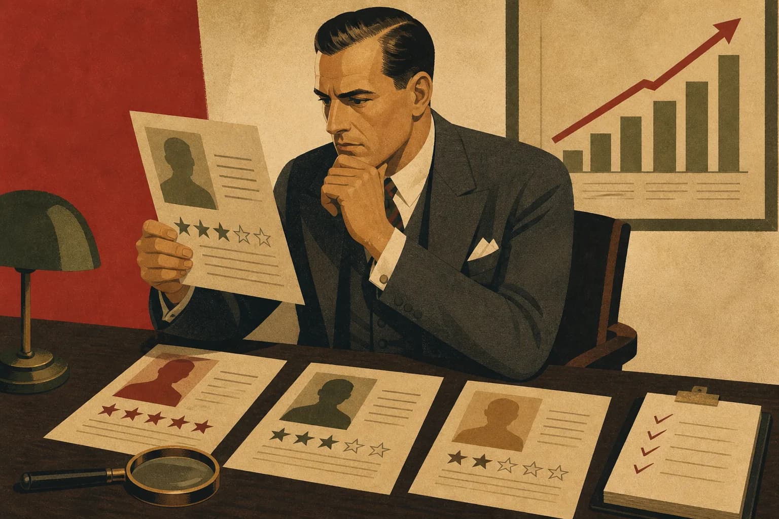 Retro ilustracja w stylu lat 30. przedstawiająca mężczyznę porównującego trzy teczki kandydatów z ocenami w gwiazdkach