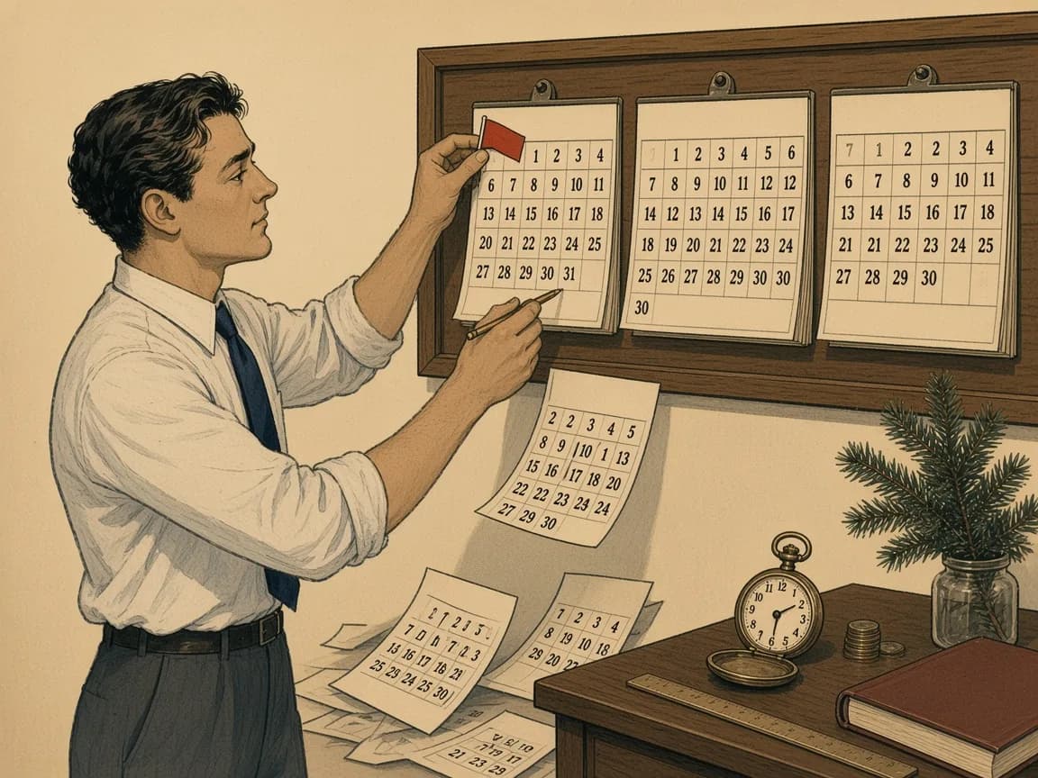 Retro ilustracja w stylu lat 30. przedstawiająca mężczyznę przypinającego chorągiewkę do kalendarza ściennego z trzema ostatnimi kartkami roku, obok zerwane kartki minionych miesięcy oraz biurko z zegarkiem kieszonkowym, księgą i monetami
