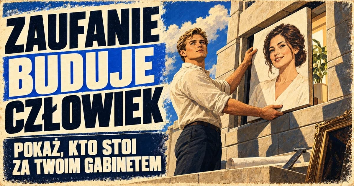 Plakat z hasłem „Zaufanie buduje człowiek” i dopiskiem „Pokaż, kto stoi za Twoim gabinetem”; twórca Paludic osadza portret specjalistki w kamiennej fasadzie