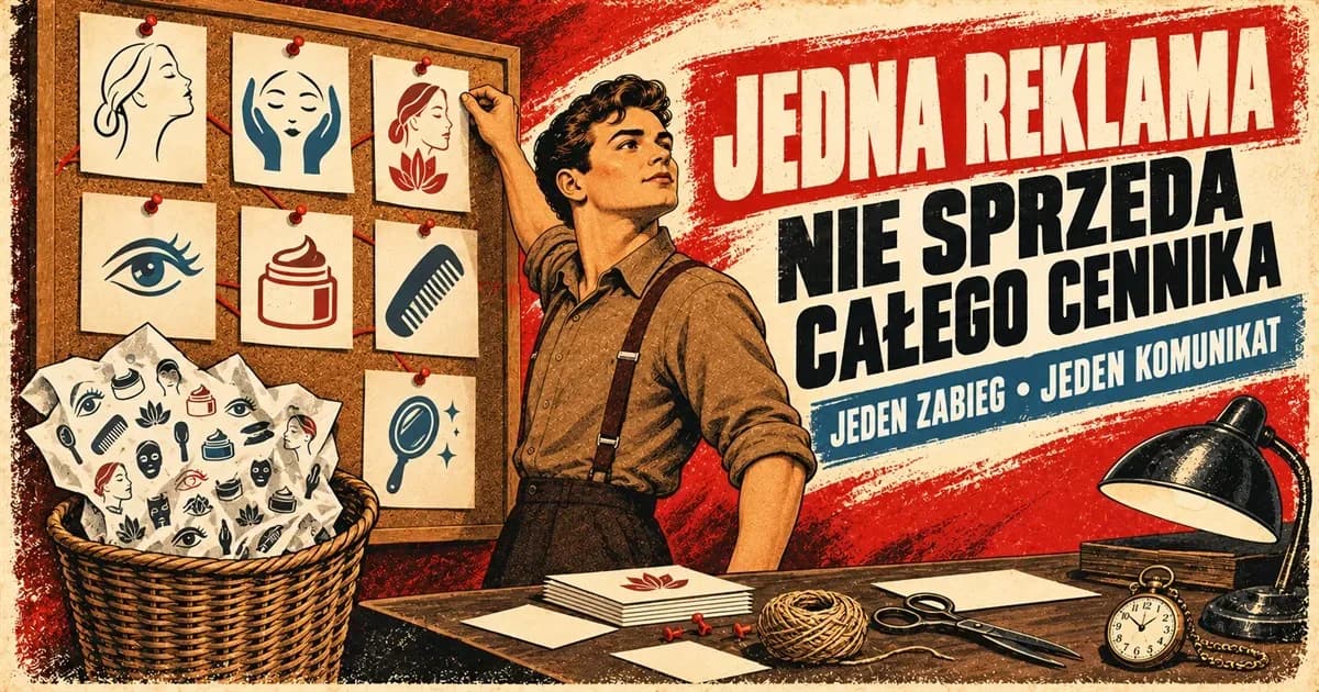 Retro plakat. Mężczyzna przypina jedną kartkę do tablicy korkowej z osobnymi rysunkami, a w koszu leży zmięta kartka pełna drobnych symboli. Hasło: jedna reklama nie sprzeda całego cennika.