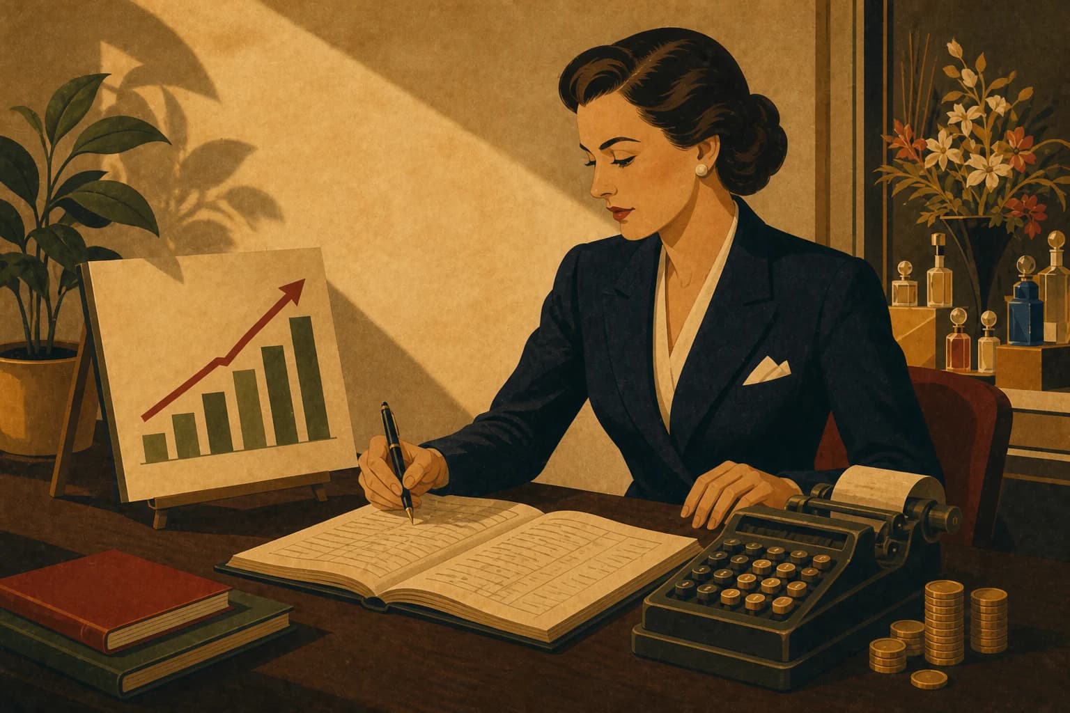 Retro ilustracja w stylu lat 30. przedstawiająca właścicielkę gabinetu liczącą koszty kampanii przy biurku z księgą, kalkulatorem i wykresem wzrostu