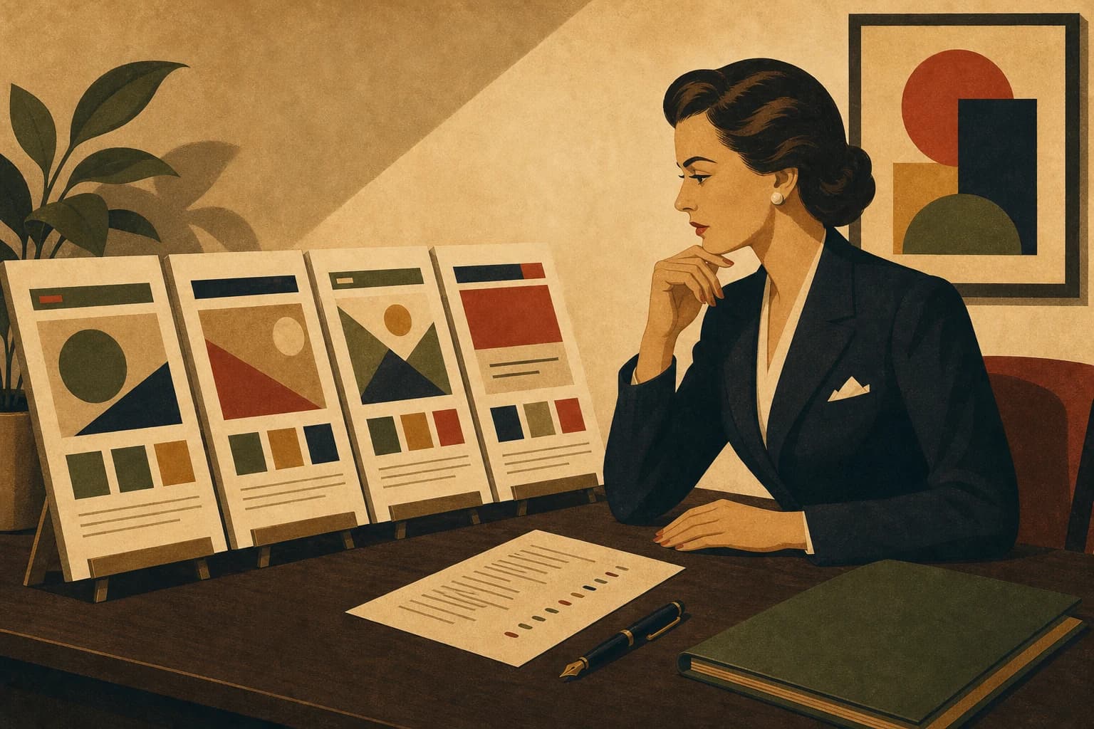 Retro ilustracja w stylu lat 30. przedstawiająca elegancką właścicielkę gabinetu porównującą przy biurku kilka makiet strony internetowej i arkusz z cennikiem projektu