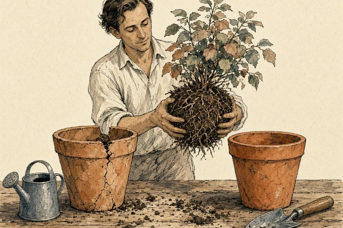 Retro ilustracja w stylu lat 30. przedstawiająca mężczyznę ostrożnie przesadzającego dojrzałą roślinę z popękanej donicy do nowej, trzymając całą bryłę korzeniową w dłoniach