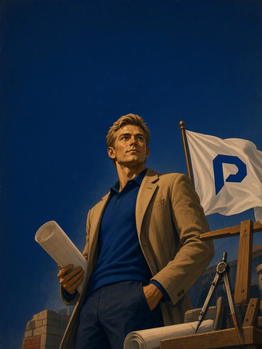 Ilustracja w stylu starego plakatu: twórca Paludic z rulonem projektów stoi w warsztacie, za nim wisi biała flaga z niebieskim logo Paludic