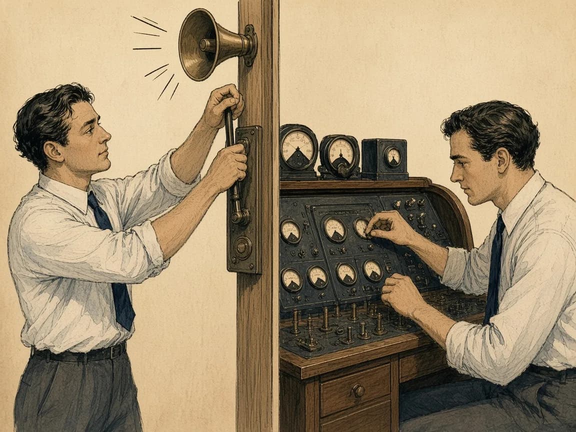 Retro ilustracja w stylu lat 30. przedstawiająca mężczyznę pociągającego za sznur megafonu i drugiego mężczyznę siedzącego przy panelu z wieloma przełącznikami i wskaźnikami