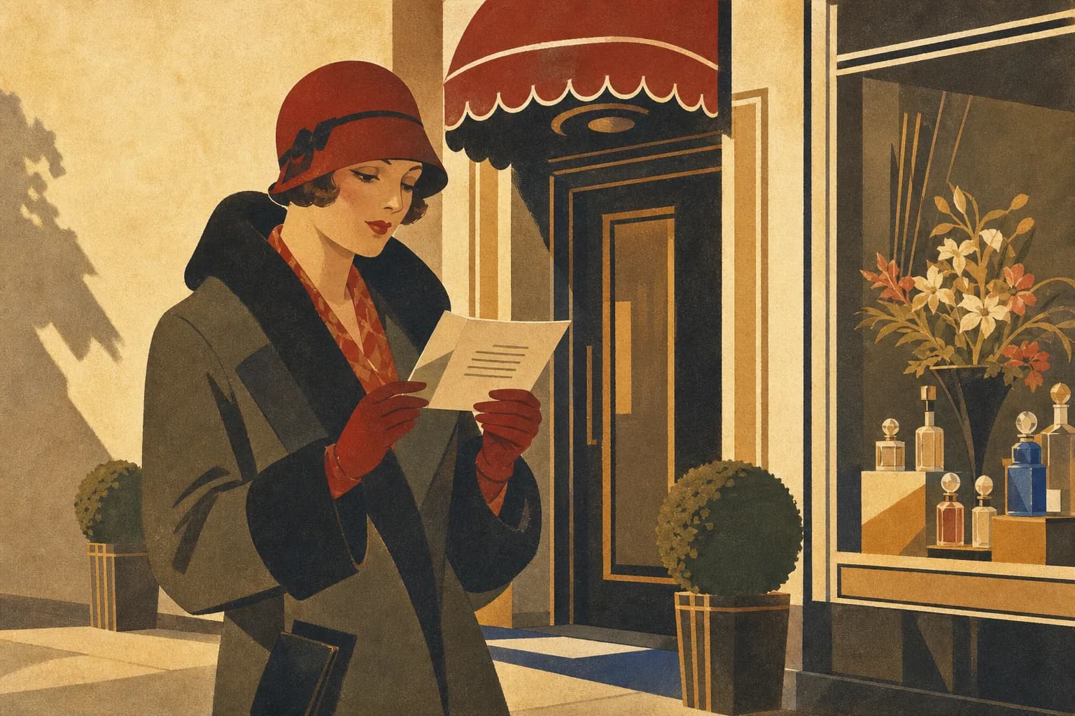 Retro ilustracja w stylu lat 30. przedstawiająca elegancką klientkę zastanawiającą się przed wejściem do gabinetu kosmetycznego