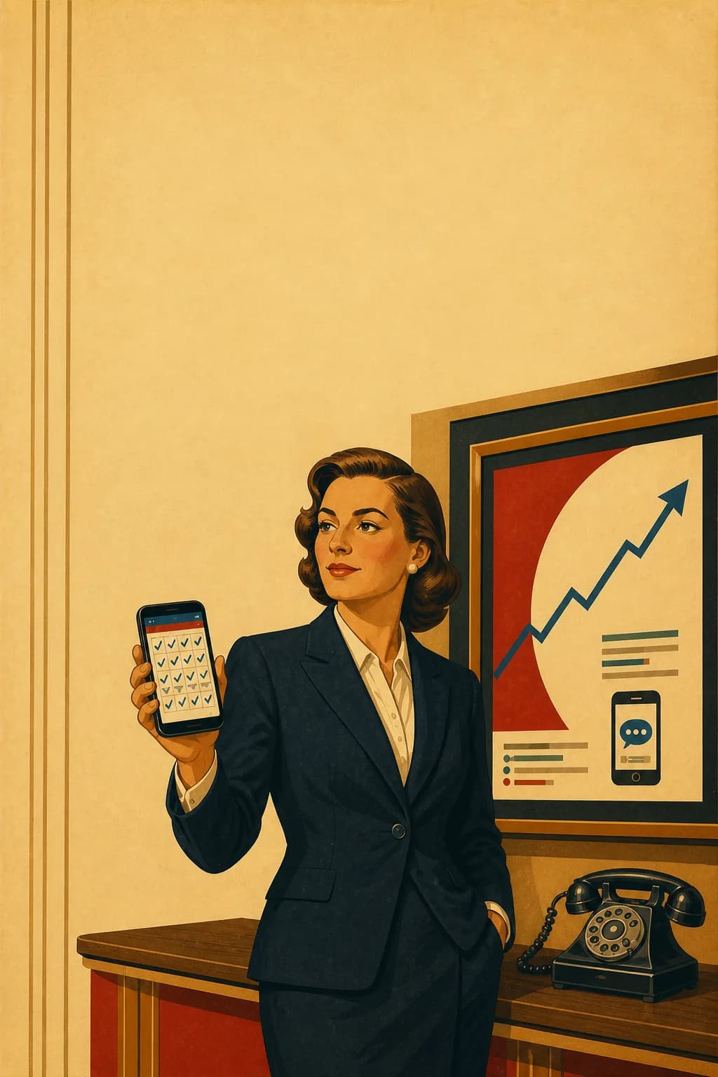 Retro ilustracja w stylu lat 30.: specjalistka marketingu trzyma smartfon z zapełnionym kalendarzem rezerwacji przy tablicy kampanii reklamowej