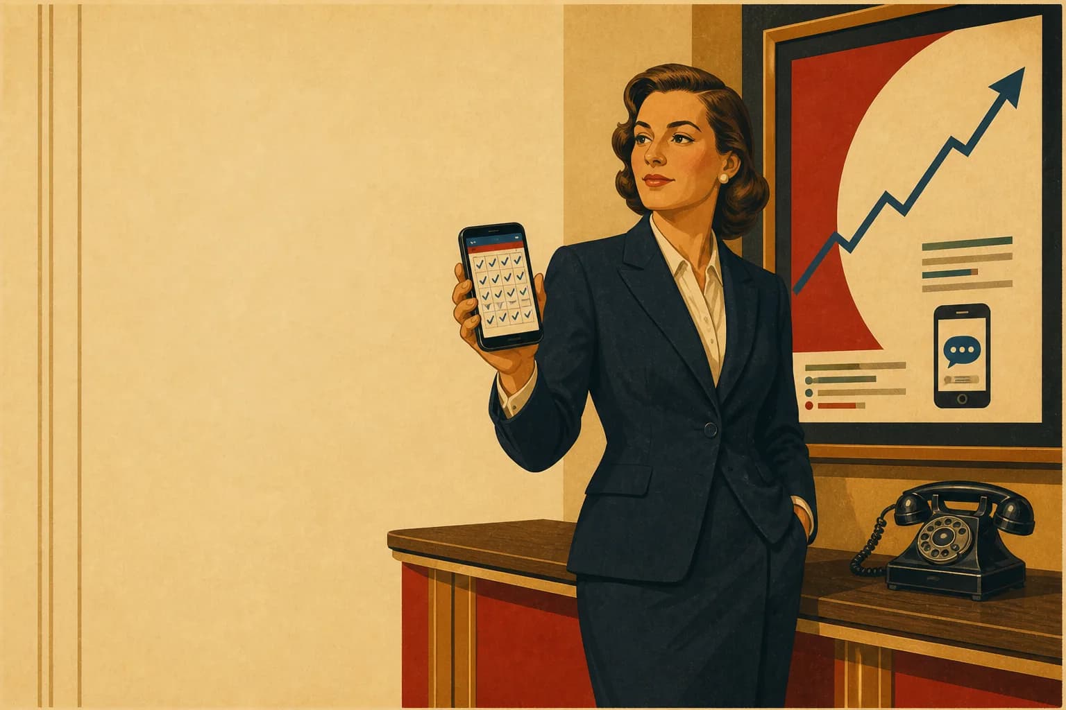 Retro ilustracja w stylu lat 30.: specjalistka marketingu trzyma smartfon z zapełnionym kalendarzem rezerwacji przy tablicy kampanii reklamowej