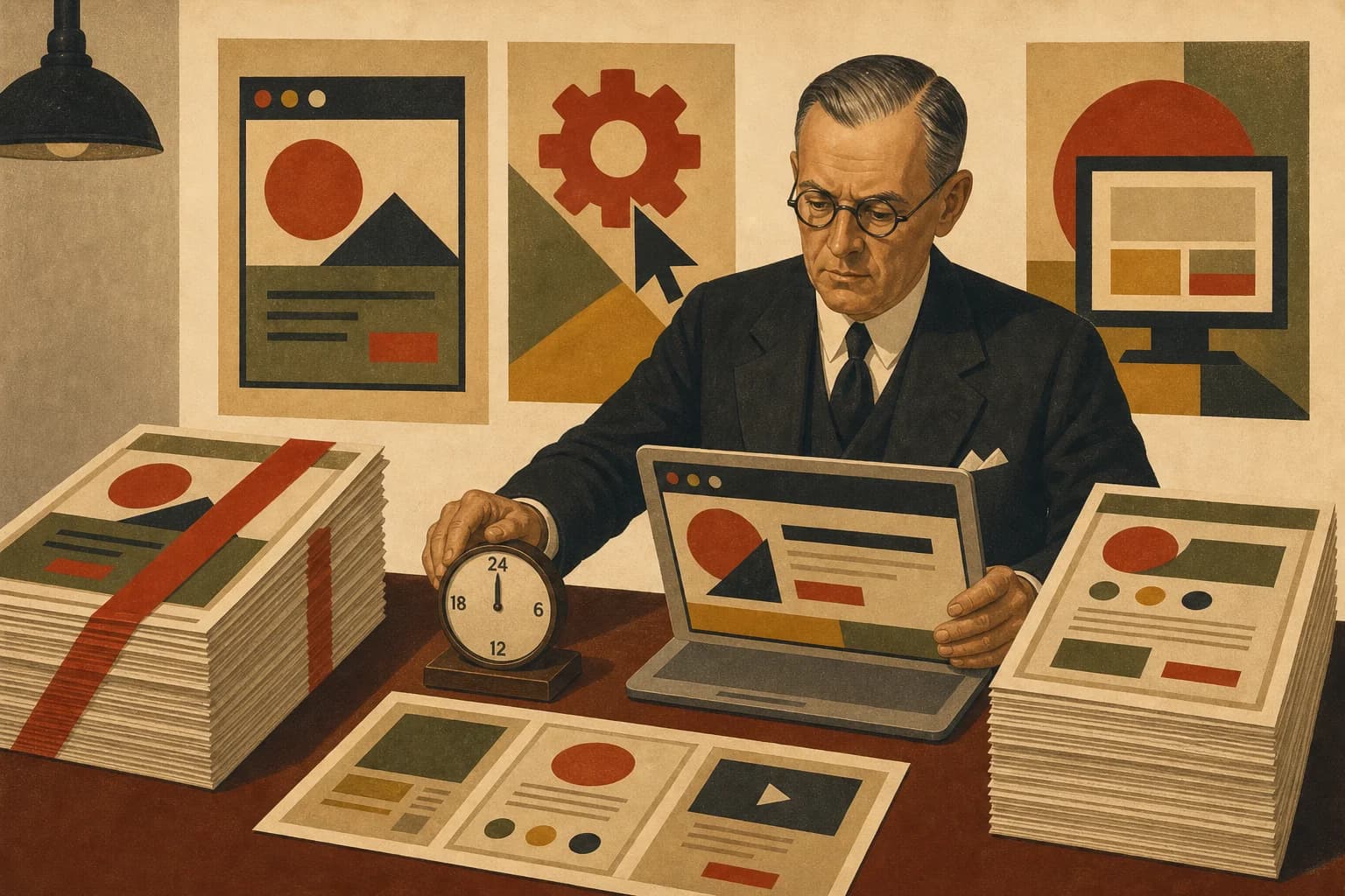 Retro ilustracja w stylu lat 30. przedstawiająca projektanta stron internetowych przy biurku z zegarem wskazującym 24 godziny i gotową makietą strony