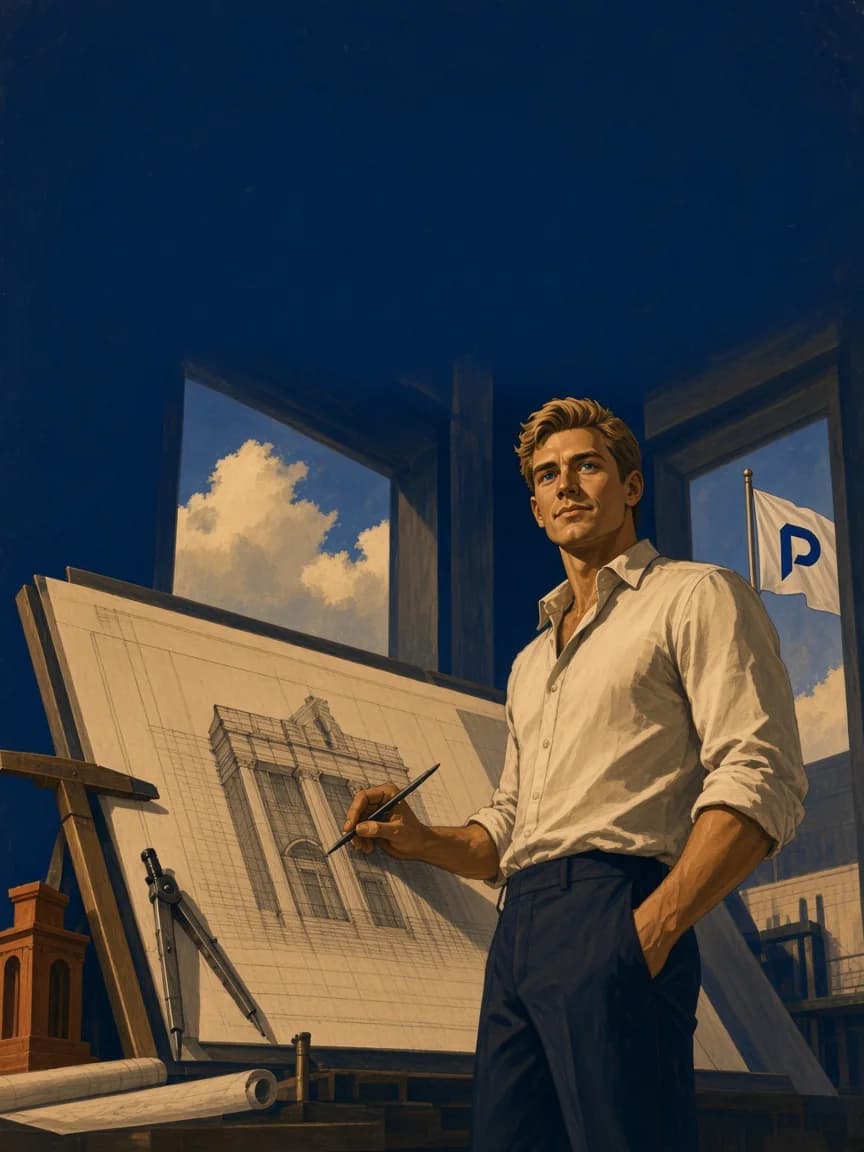 Ilustracja w stylu starego plakatu: twórca Paludic przy desce kreślarskiej rysuje szkielet strony internetowej jak fasadę budynku, w oknie wisi biała flaga z niebieskim logo Paludic