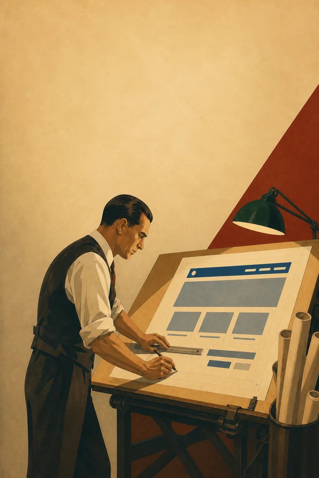 Retro ilustracja w stylu lat 30.: projektant przy desce kreślarskiej kreśli szkielet nowoczesnej strony internetowej