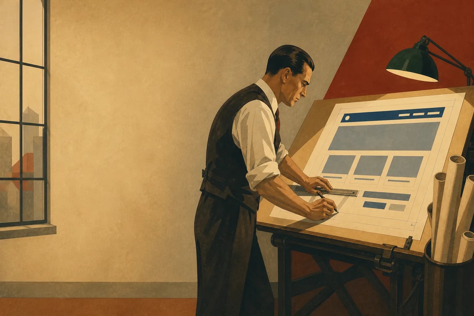 Retro ilustracja w stylu lat 30.: projektant przy desce kreślarskiej kreśli szkielet nowoczesnej strony internetowej