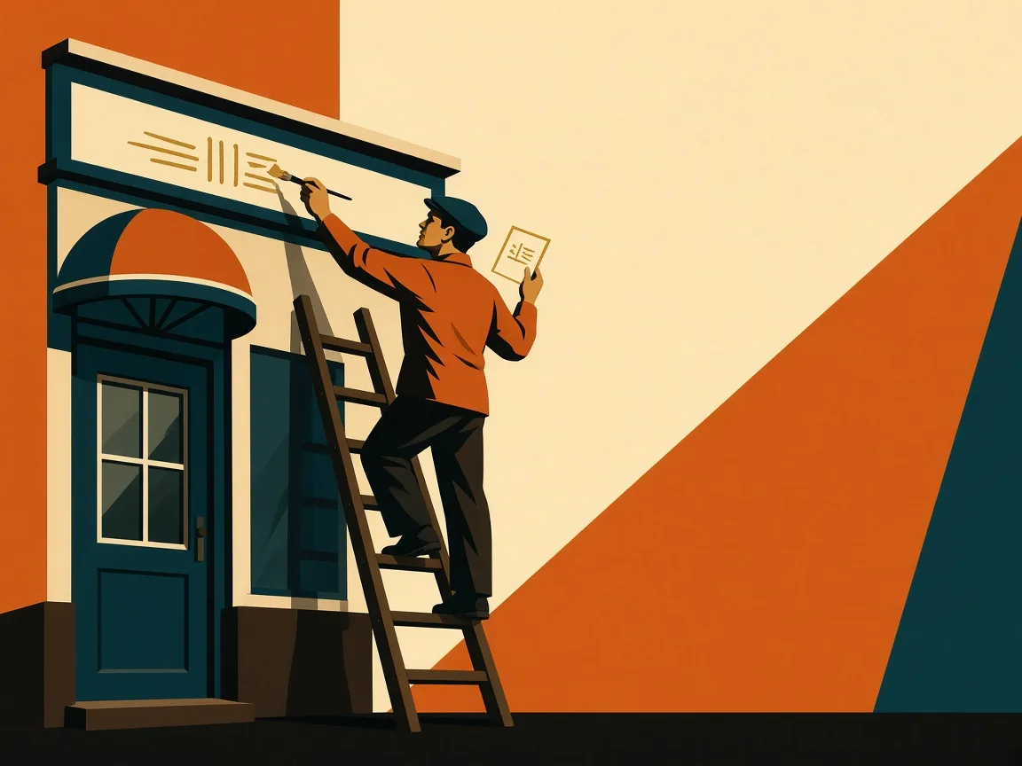 Retro ilustracja w stylu lat 30. przedstawiająca szyldziarza na drabinie malującego szyld sklepu, porównującego litery na szyldzie z kartką adresową trzymaną w drugiej ręce