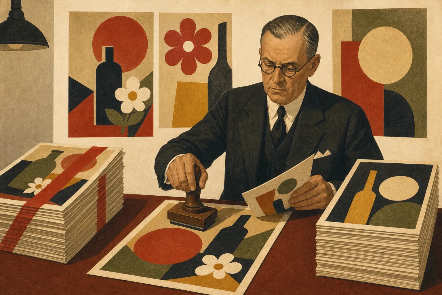 Retro ilustracja w stylu lat 30. przedstawiająca urzędnika przy biurku stemplującego projekty plakatów reklamowych, obok stosy zaakceptowanych i odrzuconych arkuszy